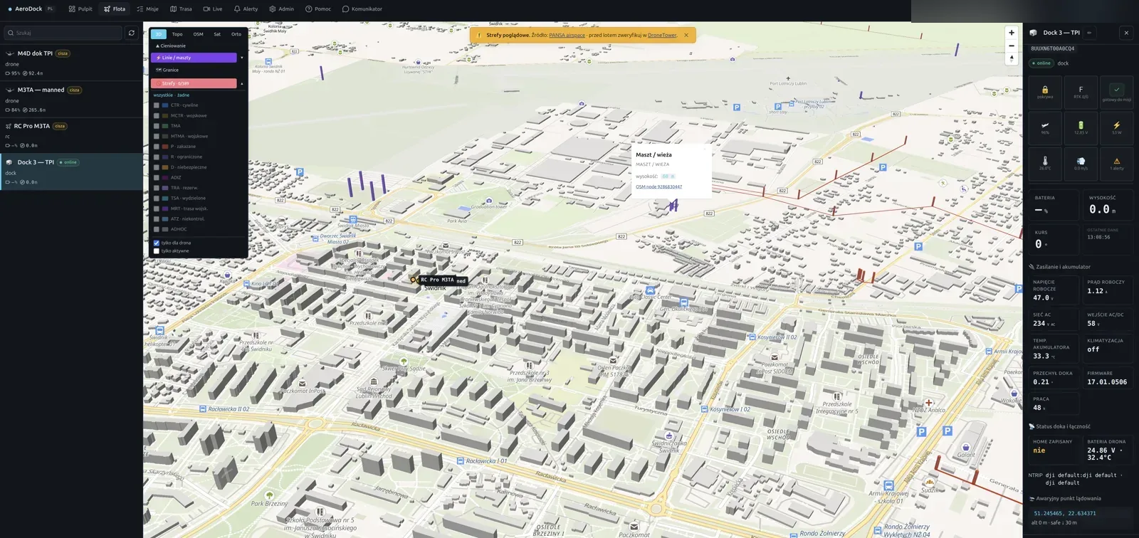 AeroDock fleet console — 3D map of Warsaw with buildings, dock markers and mission popup
