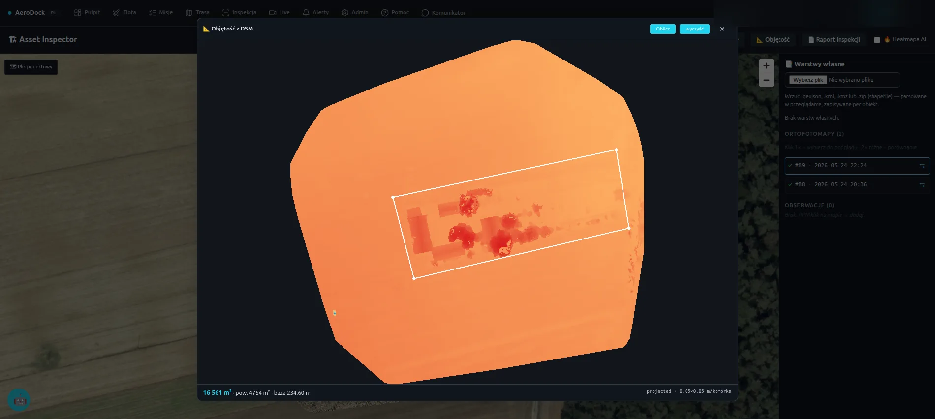 AeroDock — pomiar objętości hałdy materiału na podstawie modelu 3D z drona
